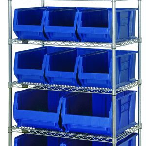 The Quantum Bin Wire Shelving System (36W x 30D x 74H) includes six chrome-plated wire shelves, each with an 800 lb capacity, four posts, nine QUS973 bins, and four QUS974 blue bins. Its open-front design allows easy access to enhance organization and efficiency.