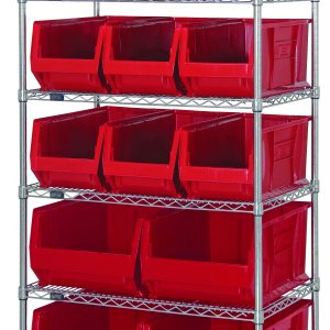The Quantum Bin Wire Shelving System, measuring 36W x 30D x 74H, includes six chrome-plated wire shelves each supporting an impressive 800 lb capacity. Each shelf holds a total of fifteen red bins—nine QUS973 and four QUS974—arranged tidily with bins angled outward.