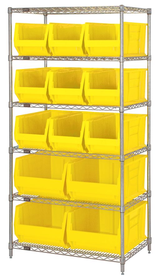 WR6-973974_YL.jpg The Quantum Bin Wire Shelving System, measuring 36W x 30D x 74H, includes six wire shelves and four posts with a capacity of 800 lbs per shelf. It comes with nine QUS973 and four QUS974 yellow bins for organized storage and features a chrome-plated finish.