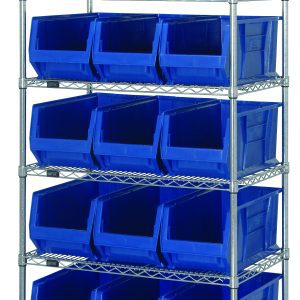 The Quantum Bin Wire Shelving System, measuring 36W x 30D x 74H and chrome-plated, includes six wire shelves with an 800 lb. capacity each, four posts, and fifteen QUS973 blue bins arranged in five rows of three bins each for optimal storage.
