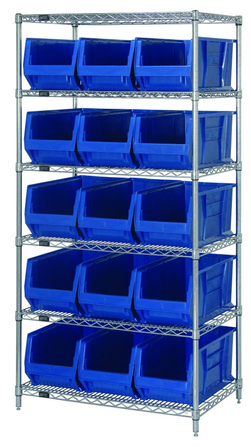 WR6-973_BL.jpg The Quantum Bin Wire Shelving System, measuring 36W x 30D x 74H and chrome-plated, includes six wire shelves with an 800 lb. capacity each, four posts, and fifteen QUS973 blue bins arranged in five rows of three bins each for optimal storage.