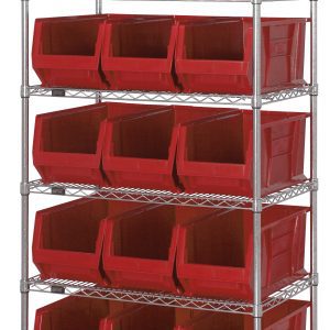 The Quantum Bin Wire Shelving System, sized at 36W x 30D x 74H and boasting a chrome-plated finish, supports up to 800 lbs. per shelf. It features six robust wire shelves, four sturdy posts, and comes with fifteen QUS973 red bins for optimal organization and easy access.