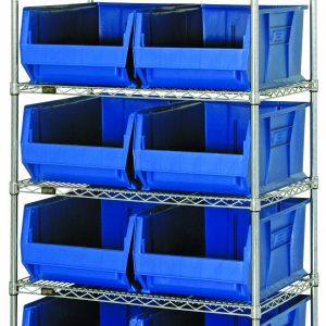 The Quantum Bin Wire Shelving System, measuring 36W x 30D x 74H, supports up to 800 lbs per shelf and features six wire shelves. It includes four posts and ten large QUS974 blue bins, all with a chrome-plated finish for enhanced organization and industrial durability.