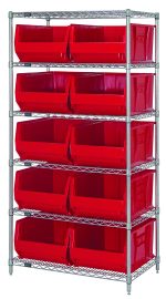 The Quantum Bin Wire Shelving System features a sturdy chrome-plated metal frame with six wire shelves, each supporting up to 800 lbs. It includes four posts and ten Qus974 red bins, providing efficient and organized storage over five tiers, measuring 36W x 30D x 74H overall.