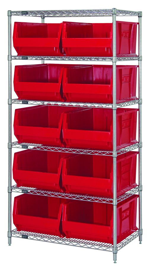 WR6-974_RD.jpg The Quantum Bin Wire Shelving System features a sturdy chrome-plated metal frame with six wire shelves, each supporting up to 800 lbs. It includes four posts and ten Qus974 red bins, providing efficient and organized storage over five tiers, measuring 36W x 30D x 74H overall.