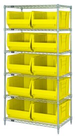 The Quantum Bin Wire Shelving System, measuring 36W x 30D x 74H, supports 800 lbs per shelf with six adjustable wire shelves, four posts, and ten large yellow Qus974 bins. Its sturdy industrial design and chrome-plated finish efficiently organize various items.