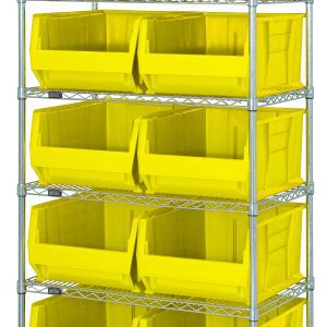 The Quantum Bin Wire Shelving System, measuring 36W x 30D x 74H, supports 800 lbs per shelf with six adjustable wire shelves, four posts, and ten large yellow Qus974 bins. Its sturdy industrial design and chrome-plated finish efficiently organize various items.