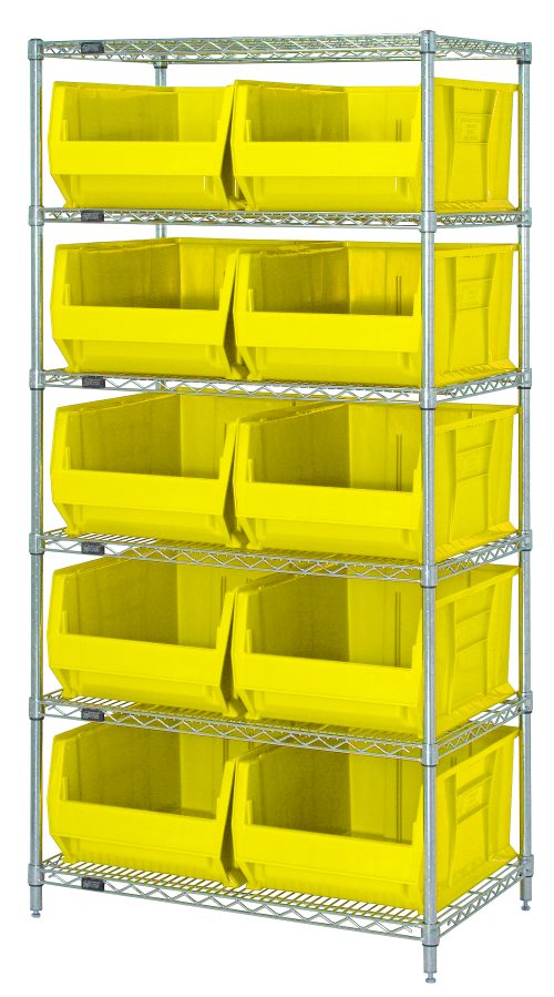 The Quantum Bin Wire Shelving System, measuring 36W x 30D x 74H, supports 800 lbs per shelf with six adjustable wire shelves, four posts, and ten large yellow Qus974 bins. Its sturdy industrial design and chrome-plated finish efficiently organize various items.