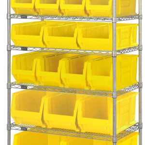 The Quantum Bin Wire Shelving System, measuring 36W x 24D x 74H with a chrome-plated finish, features (7) wire shelves and includes (8) QUS950, (3) QUS952, (4) QUS951, (3) QUS953, and (2) QUS954 yellow bins for organized storage. Each shelf has an 800 lb. capacity.