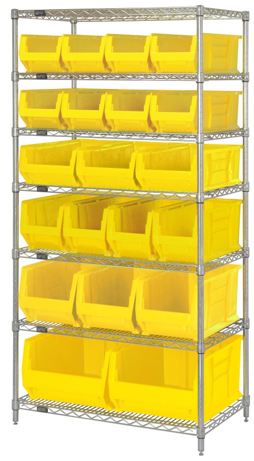 WR7-20-MIX_YL.jpg The Quantum Bin Wire Shelving System, measuring 36W x 24D x 74H with a chrome-plated finish, features (7) wire shelves and includes (8) QUS950, (3) QUS952, (4) QUS951, (3) QUS953, and (2) QUS954 yellow bins for organized storage. Each shelf has an 800 lb. capacity.