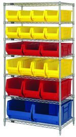 The Quantum Bin Wire Shelving System, measuring 36W x 24D x 74H, features seven wire shelves with an 800 lb. capacity each. With chrome plating, it includes bins: eight Qus950 yellow, four Qus951 yellow on top shelves; three Qus952 and three Qus953 red in the middle; two Qus954 blue at the bottom.