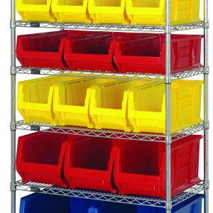 The Quantum Bin Wire Shelving System, measuring 36W x 24D x 74H, features seven wire shelves with an 800 lb. capacity each. With chrome plating, it includes bins: eight Qus950 yellow, four Qus951 yellow on top shelves; three Qus952 and three Qus953 red in the middle; two Qus954 blue at the bottom.