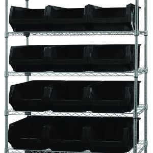 The Quantum Bin Wire Shelving System features a chrome-plated finish, measures 42W x 18D x 74H, and includes seven shelves each holding up to 800 lbs with 18 black bins. Its sleek design ensures efficient organization and storage and is shipped KD for easy assembly.