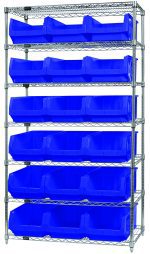 The Quantum Bin Wire Shelving System, 42W x 18D x 74H, features seven shelves and 18 large blue QMS532 bins. Each shelf holds up to 800 lbs. It has a chrome-plated finish and is shipped KD for storage convenience.