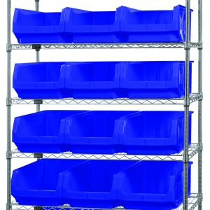 The Quantum Bin Wire Shelving System, 42W x 18D x 74H, features seven shelves and 18 large blue QMS532 bins. Each shelf holds up to 800 lbs. It has a chrome-plated finish and is shipped KD for storage convenience.