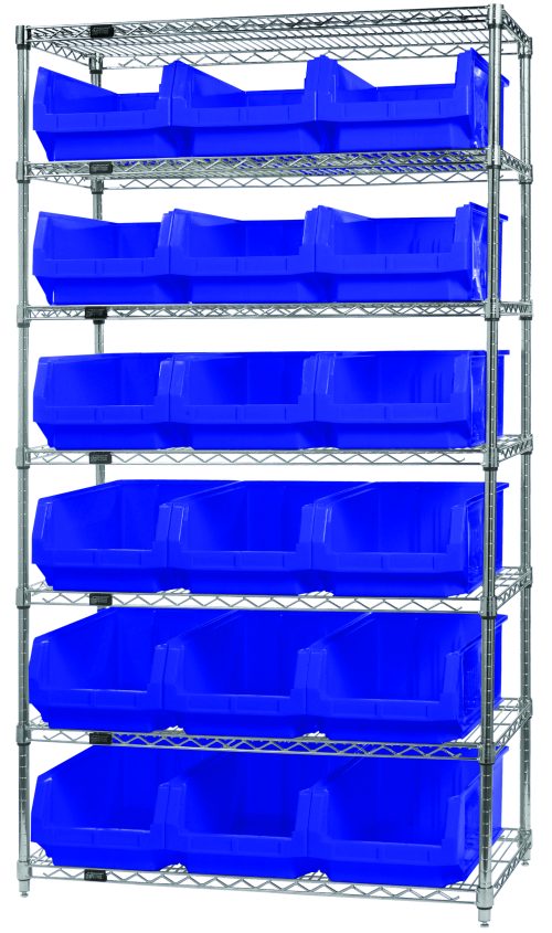 WR7-532_BL.jpg The Quantum Bin Wire Shelving System, 42W x 18D x 74H, features seven shelves and 18 large blue QMS532 bins. Each shelf holds up to 800 lbs. It has a chrome-plated finish and is shipped KD for storage convenience.