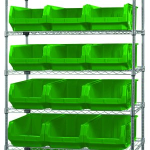 The Quantum Bin Wire Shelving System, 42W x 18D x 74H, with a chrome-plated finish and a capacity of 800 lbs per shelf, includes seven shelves and holds eighteen QMS532 green bins for organized storage.