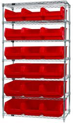 The Quantum Bin Wire Shelving System features a chrome-plated finish and includes seven shelves, each with an 800 lbs load capacity. It offers 18 Qms532 red bins for organized storage and measures 42W x 18D x 74H, perfect for efficient storage solutions.