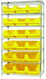 The Quantum Bin Wire Shelving System measures 42W x 18D x 74H, features seven shelves, and includes 18 QMS532 yellow bins. Each shelf can hold up to 800 lbs. The unit has a sleek chrome-plated finish.