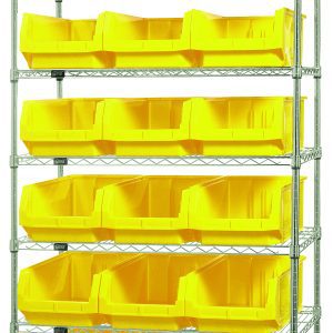 The Quantum Bin Wire Shelving System measures 42W x 18D x 74H, features seven shelves, and includes 18 QMS532 yellow bins. Each shelf can hold up to 800 lbs. The unit has a sleek chrome-plated finish.