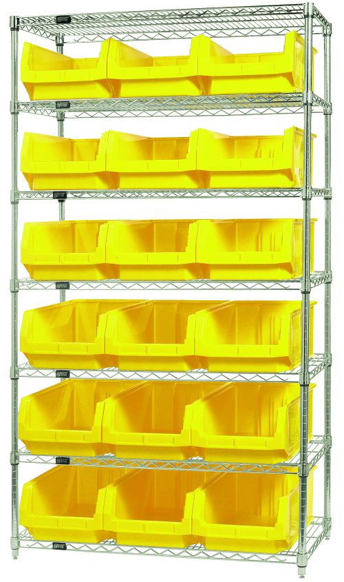 The Quantum Bin Wire Shelving System measures 42W x 18D x 74H, features seven shelves, and includes 18 QMS532 yellow bins. Each shelf can hold up to 800 lbs. The unit has a sleek chrome-plated finish.