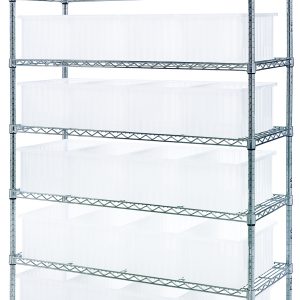 The Quantum Bin Wire Shelving System, measuring 48W x 18D x 74H, features a metallic grid design with seven adjustable shelves and includes 24 DG92080 clear containers. With an 800 lbs load capacity per shelf and a chrome-plated finish, it ships KD with support bars for reinforcement.