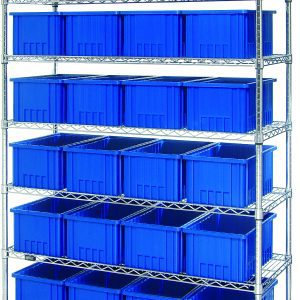 The Quantum Bin Wire Shelving System is 48W x 18D x 74H, features a chrome-plated finish with seven shelves, holds 24 DG92080 blue containers, and supports up to 800 lbs per shelf.