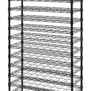 The Quantum Wine Cradle Shelving Unit, measuring 36W x 14D x 74H, features black epoxy antimicrobial finish with (14) cradle shelves and (4) posts. It holds up to (126) bottles, includes foot plates and wall brackets for stability, perfect for industrial or home use.