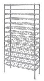 The Quantum Wine Cradle Shelving Unit is a 74-inch tall wire shelving system in chrome finish, with (14) cradle shelves and (4) posts. Designed to hold up to (126) bottles, it includes foot plates and wall brackets for easy storage and display, ensuring optimal airflow and visibility.