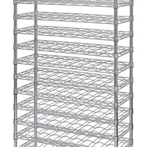 The Quantum Wine Cradle Shelving Unit is a 74-inch tall wire shelving system in chrome finish, with (14) cradle shelves and (4) posts. Designed to hold up to (126) bottles, it includes foot plates and wall brackets for easy storage and display, ensuring optimal airflow and visibility.