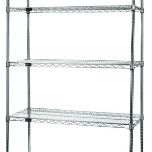 The Quantum Wire Shelving Starter Kit is a 36W x 12D x 54H unit with a chrome-plated finish and a 600 - 800 lb. capacity. It includes five wire shelves and four posts, providing even spacing and reliable support for storage or display purposes.