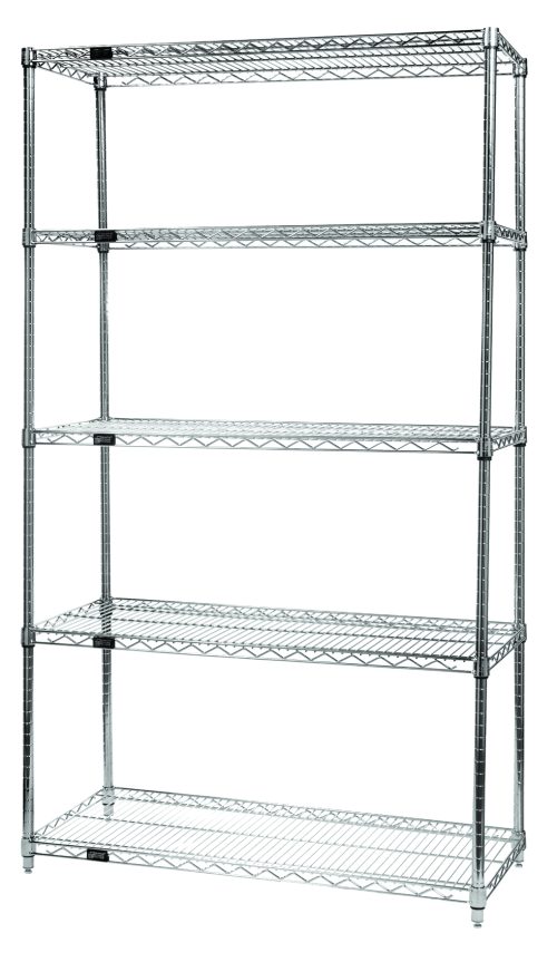 The Quantum Wire Shelving Starter Kit is a 36W x 12D x 54H unit with a chrome-plated finish and a 600 - 800 lb. capacity. It includes five wire shelves and four posts, providing even spacing and reliable support for storage or display purposes.
