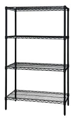 The Quantum Wire Shelving Starter Kit features a minimalist black epoxy antimicrobial finish with (4) wire shelves and (4) posts, offering spacious storage with a 600-800 lb. capacity. Perfect for garages, kitchens, or offices, it measures 36W x 12D x 54H and is shipped knocked down.