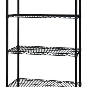 The Quantum Wire Shelving Starter Kit features a minimalist black epoxy antimicrobial finish with (4) wire shelves and (4) posts, offering spacious storage with a 600-800 lb. capacity. Perfect for garages, kitchens, or offices, it measures 36W x 12D x 54H and is shipped knocked down.