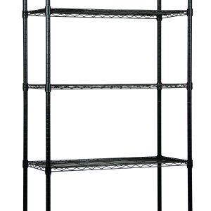 The Quantum Wire Shelving Starter Kit, measuring 36W x 12D x 54H, includes five wire shelves and four posts. It has a black epoxy antimicrobial finish and a 600-800 lb. capacity, perfect for open storage in kitchens, garages, or offices. NSF certified and shipped knocked down (KD).