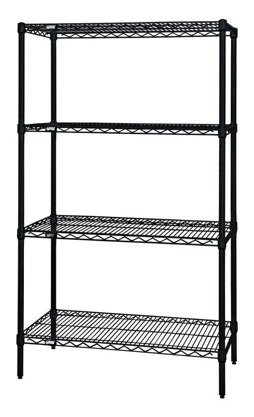 The Quantum Wire Shelving Starter Kit features a minimalist black epoxy antimicrobial finish with (4) wire shelves and (4) posts, offering spacious storage with a 600-800 lb. capacity. Perfect for garages, kitchens, or offices, it measures 36W x 12D x 54H and is shipped knocked down.