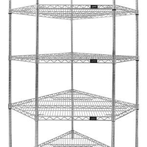 The Quantum Wire Shelving starter kit features a chrome-plated finish with five shelves, four posts, and 20 split sleeves. Its 5-sided design fits corners, enhancing stability and maximizing space with improved visibility and accessibility. Suitable for dry environments, NSF certified, ships knocked down.