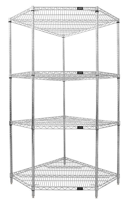 The Quantum Wire Shelving Starter Kit features a 5-sided shelf design with adjustable chrome-plated shelves, suitable for dry environments. It includes 4 shelves, 4 posts, and 16 split sleeves, ensuring stability and ventilation. NSF certified and shipped KD with adjustable feet.
