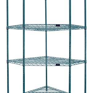 The Quantum Wire Shelving Starter Kit features a green epoxy antimicrobial finish and a five-sided shelf design with four hexagonal metal grid shelves. Supported by four posts, it includes sixteen split sleeves for stability in various environments, ideal for both dry and humid conditions.