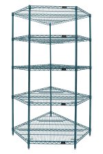 The Quantum Wire Shelving Starter Kit features a teal 5-sided design with 5 shelves, 4 posts, and 20 split sleeves. Its antimicrobial green epoxy finish is suited for all environments, providing open visibility and easy access for compact corner storage. Shipped KD and NSF certified.