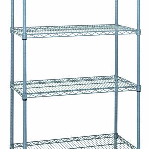The NSF-certified Quantum Wire Shelving Starter Kit is 54H and measures 36W x 12D, featuring a gray epoxy antimicrobial finish. It includes four ventilated wire shelves and four posts, perfect for organized storage solutions with a capacity of 600-800 lbs.