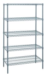 The Quantum Wire Shelving Starter Kit, measuring 36W x 12D x 54H, includes five wire shelves and four posts. It supports 600-800 lbs., features an antimicrobial gray epoxy finish, NSF certification, and is perfect for home or workspace organization with its adjustable feet. Shipped KD.
