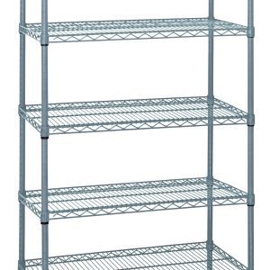 The Quantum Wire Shelving Starter Kit, measuring 36W x 12D x 54H, includes five wire shelves and four posts. It supports 600-800 lbs., features an antimicrobial gray epoxy finish, NSF certification, and is perfect for home or workspace organization with its adjustable feet. Shipped KD.