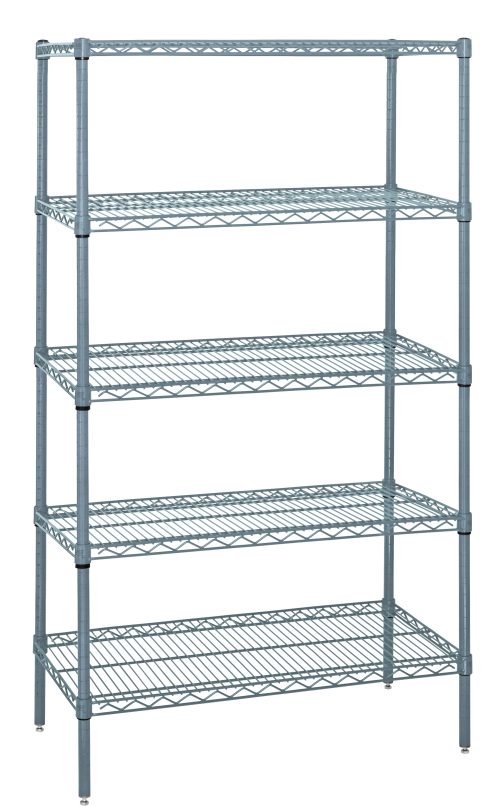 The Quantum Wire Shelving Starter Kit, measuring 36W x 12D x 54H, includes five wire shelves and four posts. It supports 600-800 lbs., features an antimicrobial gray epoxy finish, NSF certification, and is perfect for home or workspace organization with its adjustable feet. Shipped KD.
