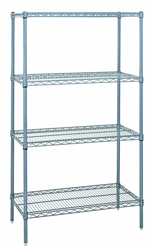 The NSF-certified Quantum Wire Shelving Starter Kit is 54H and measures 36W x 12D, featuring a gray epoxy antimicrobial finish. It includes four ventilated wire shelves and four posts, perfect for organized storage solutions with a capacity of 600-800 lbs.