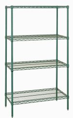 The Quantum Wire Shelving Starter Kit, measuring 36W x 12D x 54H, includes four wire shelves and four posts with a green epoxy antimicrobial finish. Its ideal for utility and industrial use, offering adjustable storage solutions with NSF certification and a 600-800 lb. capacity. Ships KD.