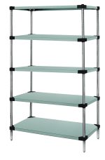Presenting the Quantum Solid Shelving Starter Kit: a 36W x 14D x 54H five-tier unit with a 300-600 lb capacity. Includes five solid shelves and four posts, made of 304 stainless steel for stylish and efficient space organization. NSF certified and shipped knocked down (KD).