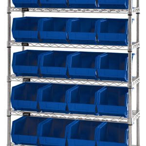 The Quantum Bin Wire Shelving System, 36W x 12D x 74H, features eight shelves with a load capacity of 800 lbs each and includes 28 QUS239 blue bins. With this adjustable chrome-plated unit, organizing is efficient and easy. It ships conveniently KD.