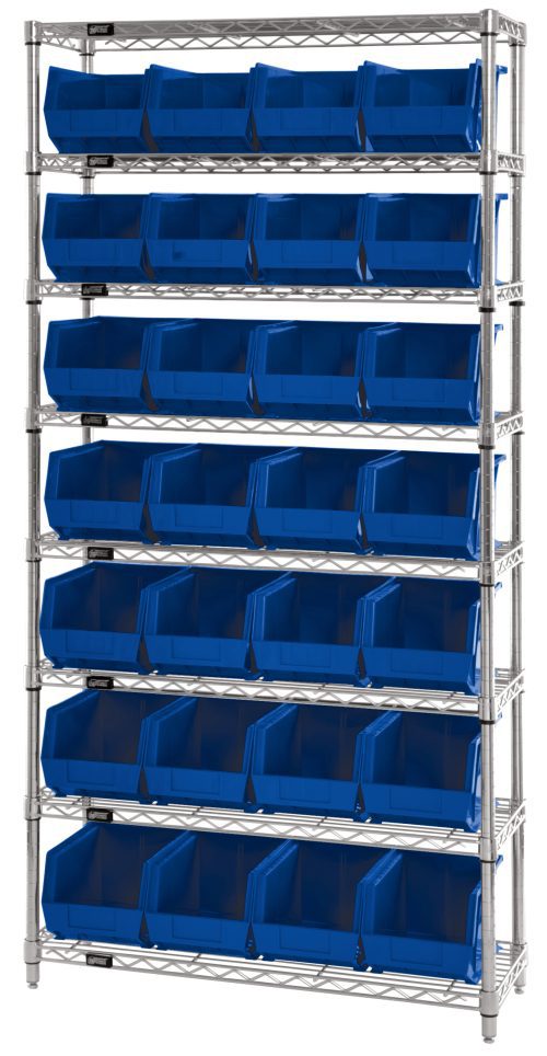 The Quantum Bin Wire Shelving System, 36W x 12D x 74H, features eight shelves with a load capacity of 800 lbs each and includes 28 QUS239 blue bins. With this adjustable chrome-plated unit, organizing is efficient and easy. It ships conveniently KD.