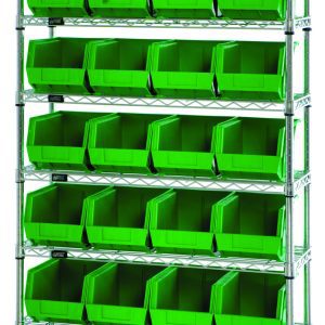 The Quantum Bin Wire Shelving System has a chrome finish and holds 28 Qus239 green bins on eight shelves. Each tier supports up to 800 lbs, offering ample and organized storage with an industrial look. Dimensions are 36W x 12D x 74H and it ships knockdown.